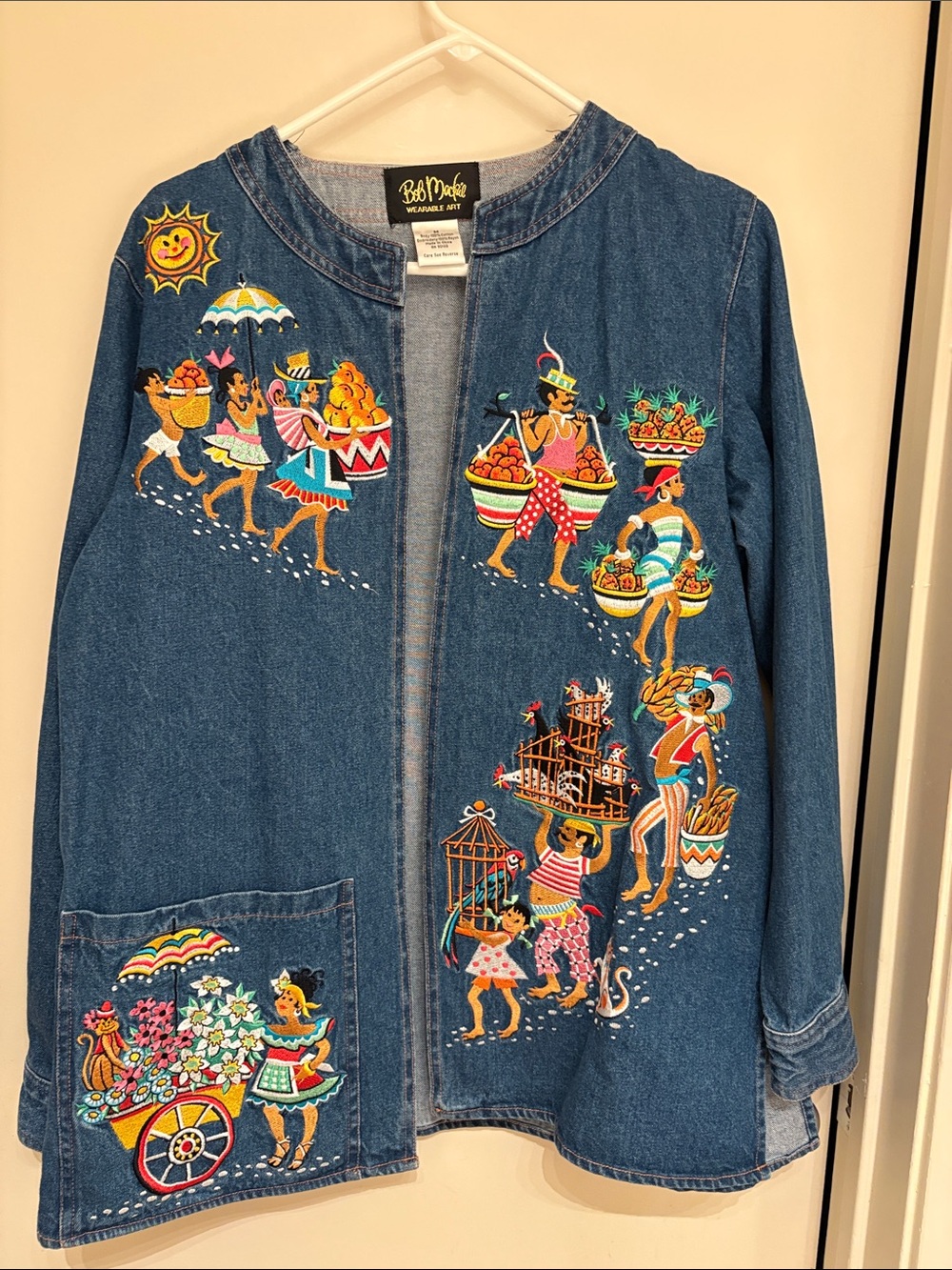 Bob Mackie Denim Jacket with Multicolor Tropical Embroidered Figures